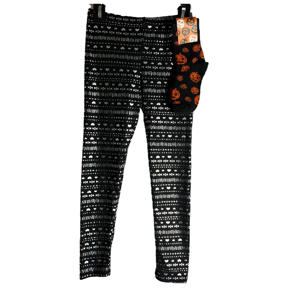 NEW Shosho Girls Black Leggings with silver designs w/ Halloween socks Sz 10/12